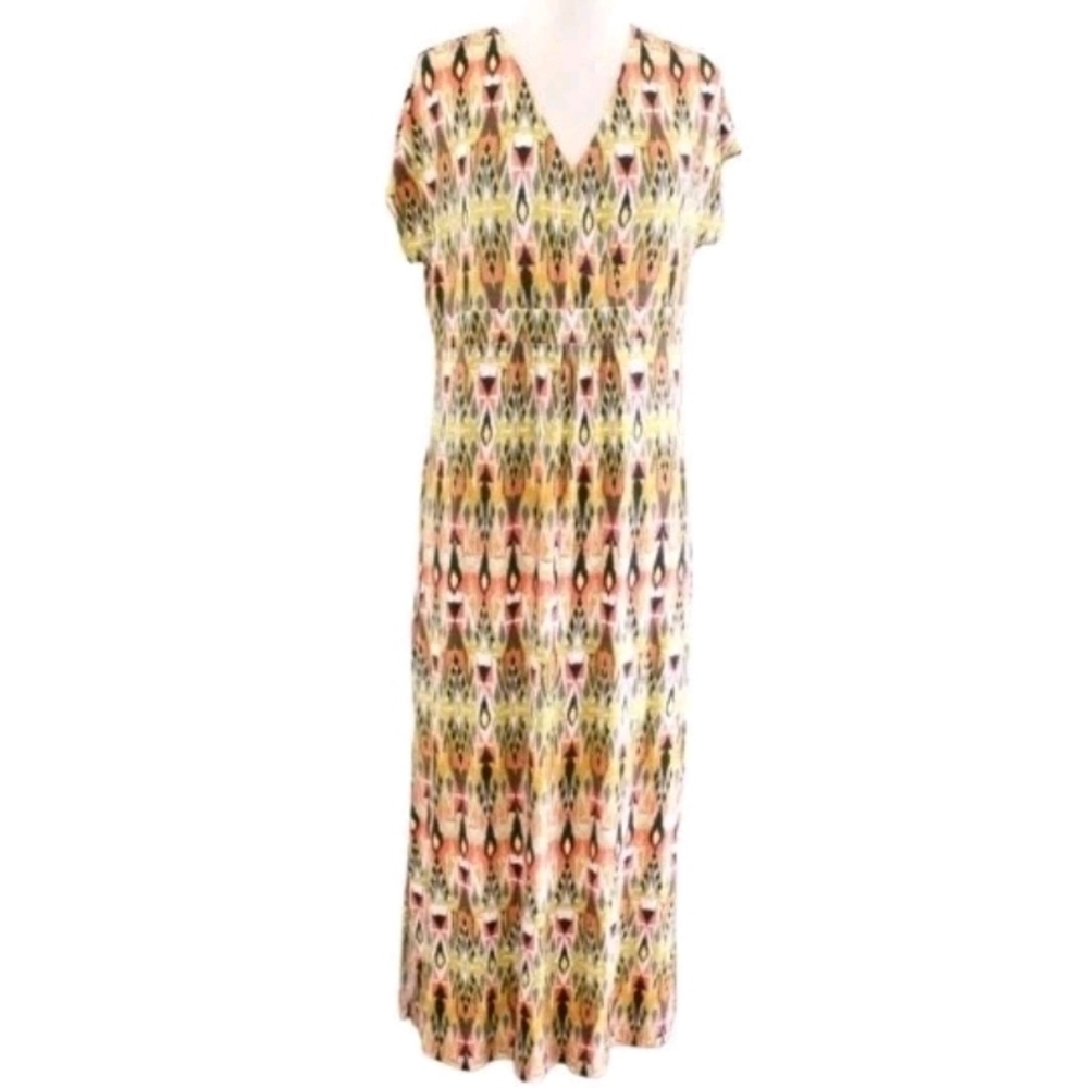 J Jill Green Ikat Papaya Print Rayon Knit Midi Maxi Dress Size XS Casual